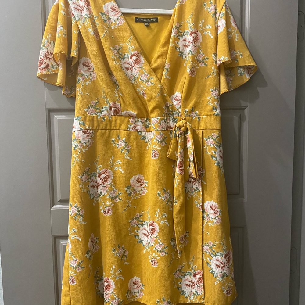 Floral Mustard Faux Wrap Dress